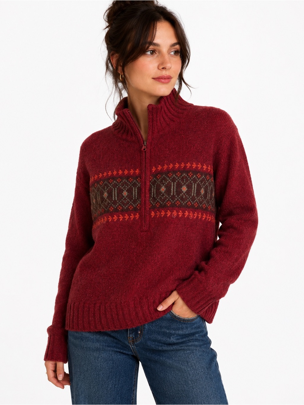 Columbia Women Fair Isle Quarter Zip Sweater Large Cozy Cottage Fall earthy wool